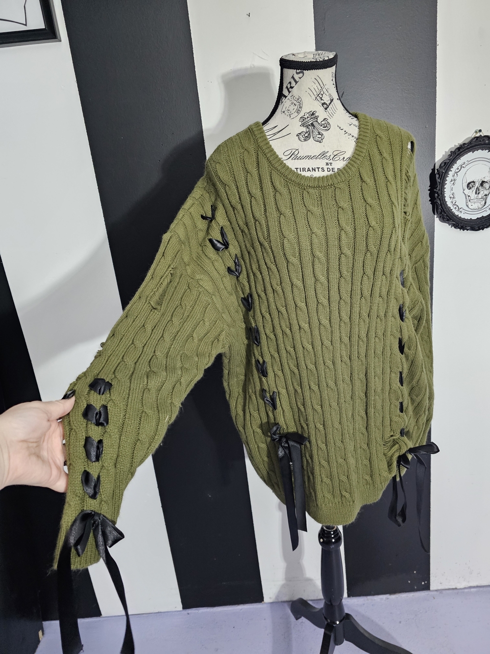 Olive Cable Knit Women’s Sweater with Ribbon Lacing